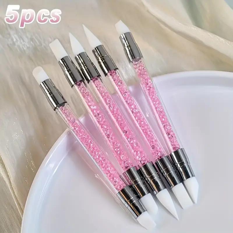 Set Pink Dual Ended Rhinestone Nail Art Silicone Pen Sculpture Pen 3D Flower Carving DIY Manicure Brush Nail Dotting Pen