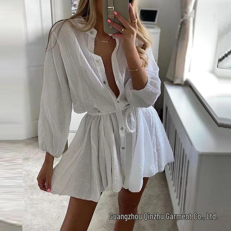 Women's 2025 White Lace-Up Button Ruffle Dress
