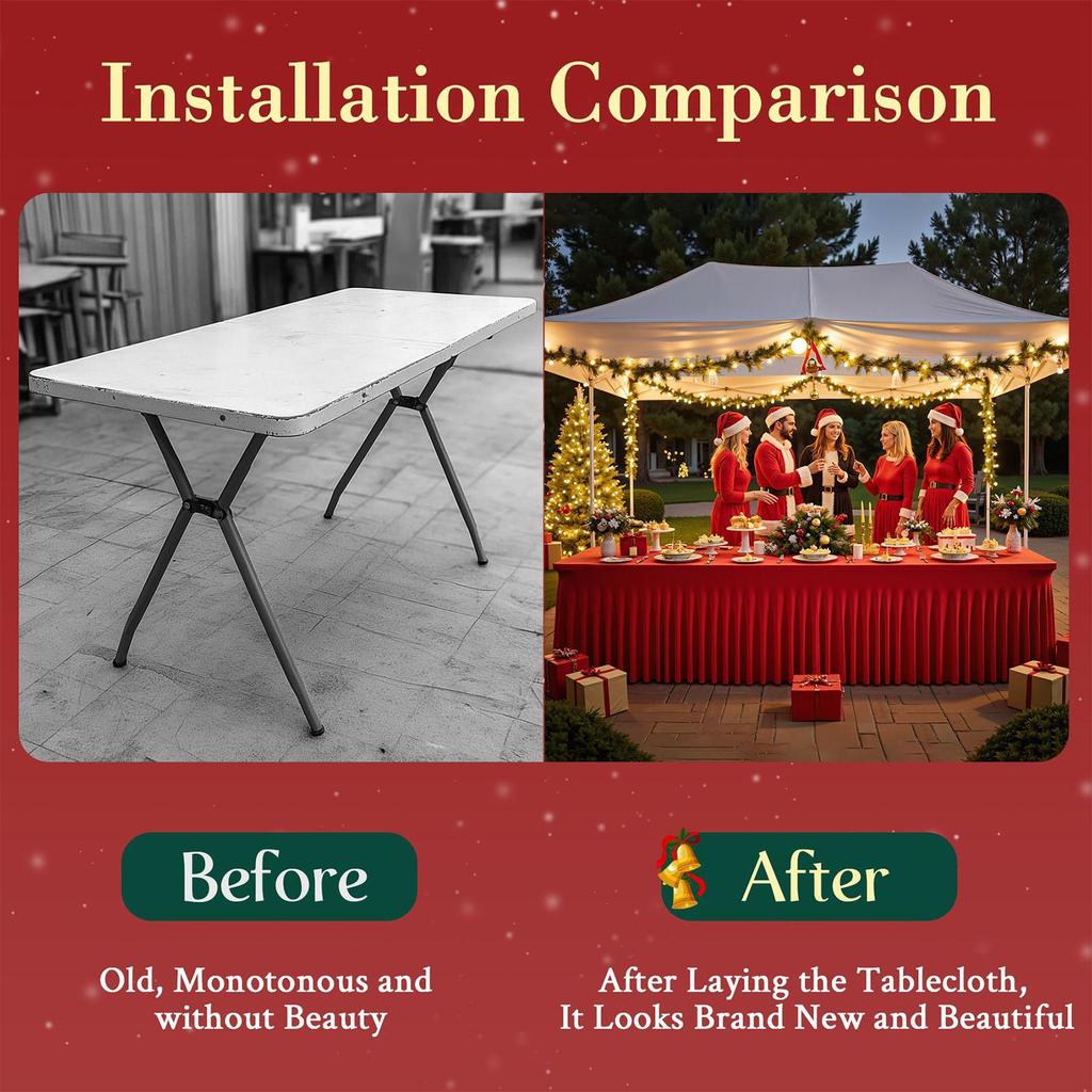 Christmas Table Skirt 6ft Rectangle Red Table Cloth Skirt For Wedding Water-Resistant Festive Tablecloths For Events Buffet