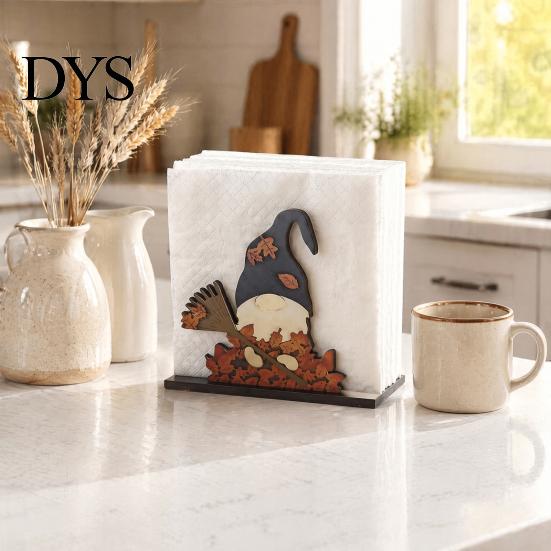 Decorative Tissue Storage for Countertop Thanksgiving Solid Wood Napkin Holder, Fall Harvest Gnome Scarecrow Turkey Table Decor Dispenser, Waterproof