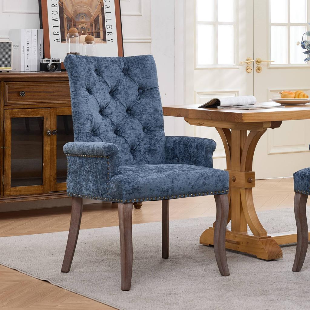 Upholstered Chenille Fabric Accent Dining Chair, Curved Solid Wood Legs, Elegant Tufted Dining Room Kitchen Arm Chair, Single Pack, Blue, DE1895BL