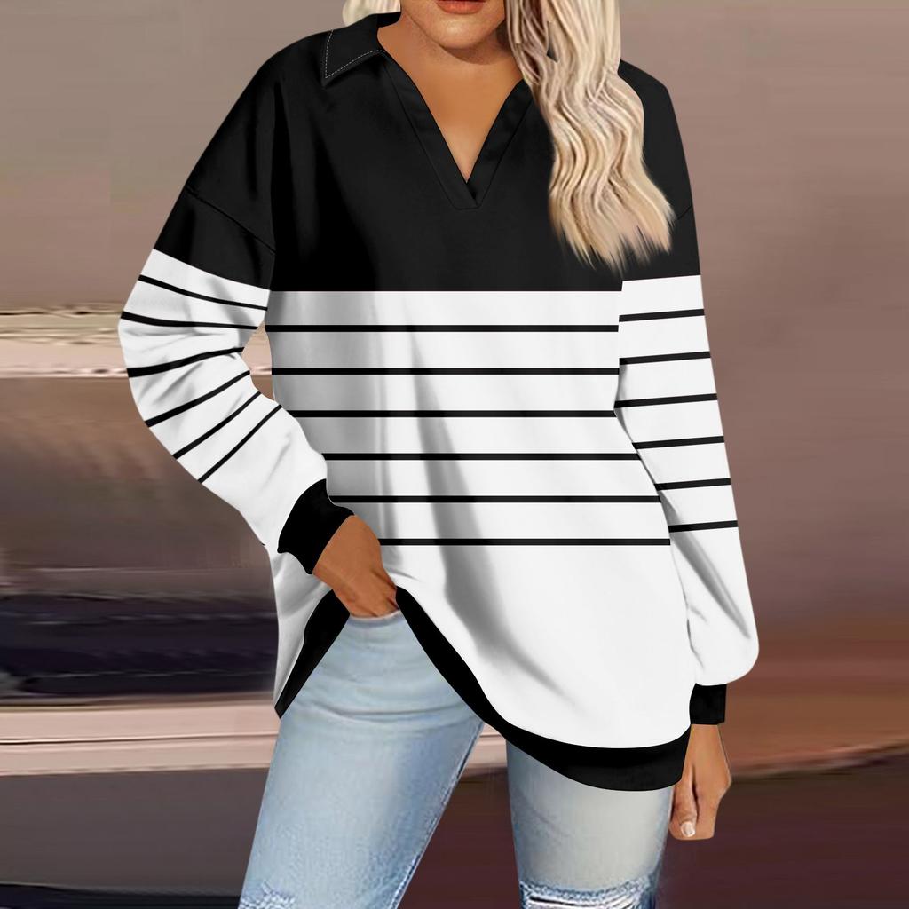Printed Stripe Fashion Womens V Neck Long Sleeve Loose Pullover Sweatshirt Top