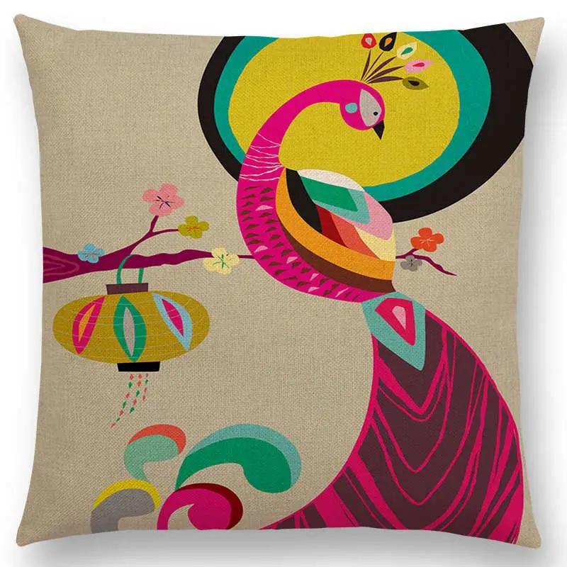 Cartoon Sofa Überwurf Kissenbezug Bunte Tiere Vogel Katze Reh Pfau Eule Blumen Lied Kissenbezug