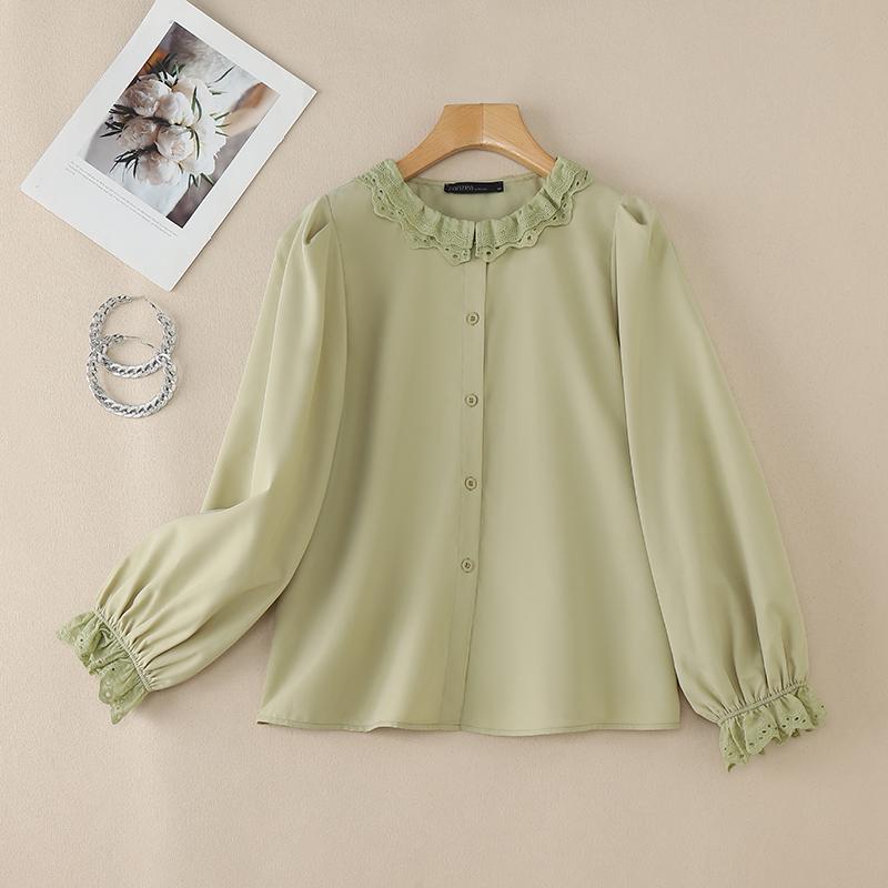 

ZANZEA Женская кружевная сращивающаяся круглая горловина с длинным рукавом Повседневная блузка 3XL светло-зеленый