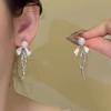 Bow Studded Diamond Pearl Earrings For Women, Light Luxury High-End Earrings, Long Tassel Zircon Earrings