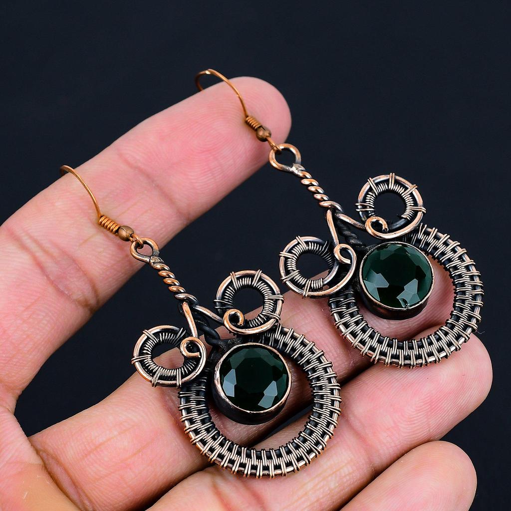 Lab-Created Emerald Gemstone Handmade Pure Copper Wire Wrapped Earrings Jewelry