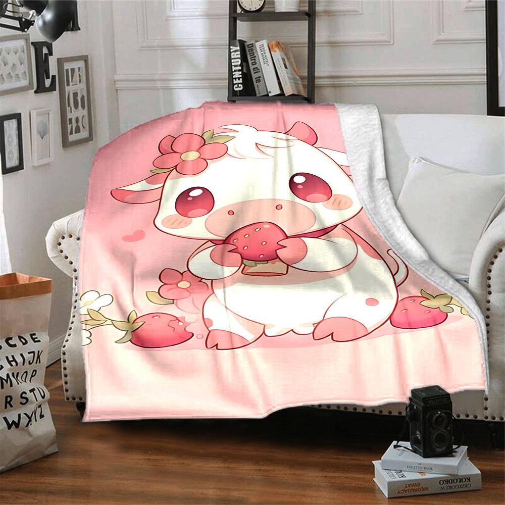 1pc Cow Strawberry blanket Lightweight Flannel Throw for Sofa Bed Travel Camping Livingroom Office Couch Chair
