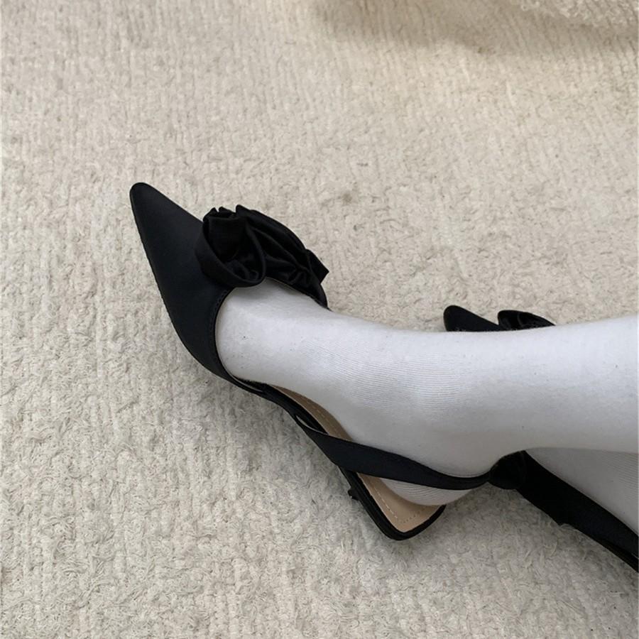 Pointed French Flower Black Baotou Sandals Fairy Shoes Evening Celebrity Single Shoes