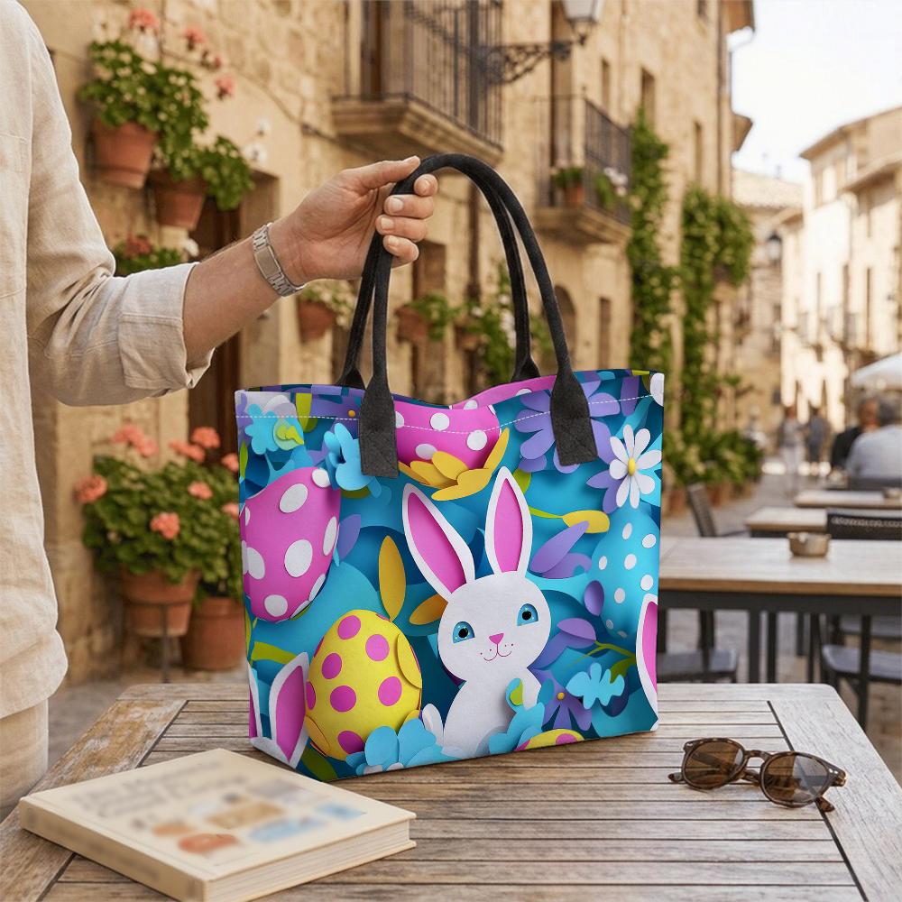 Easter Bunny Tote Bag Cute Printed Shoulder Handbag for Holiday Daily Use