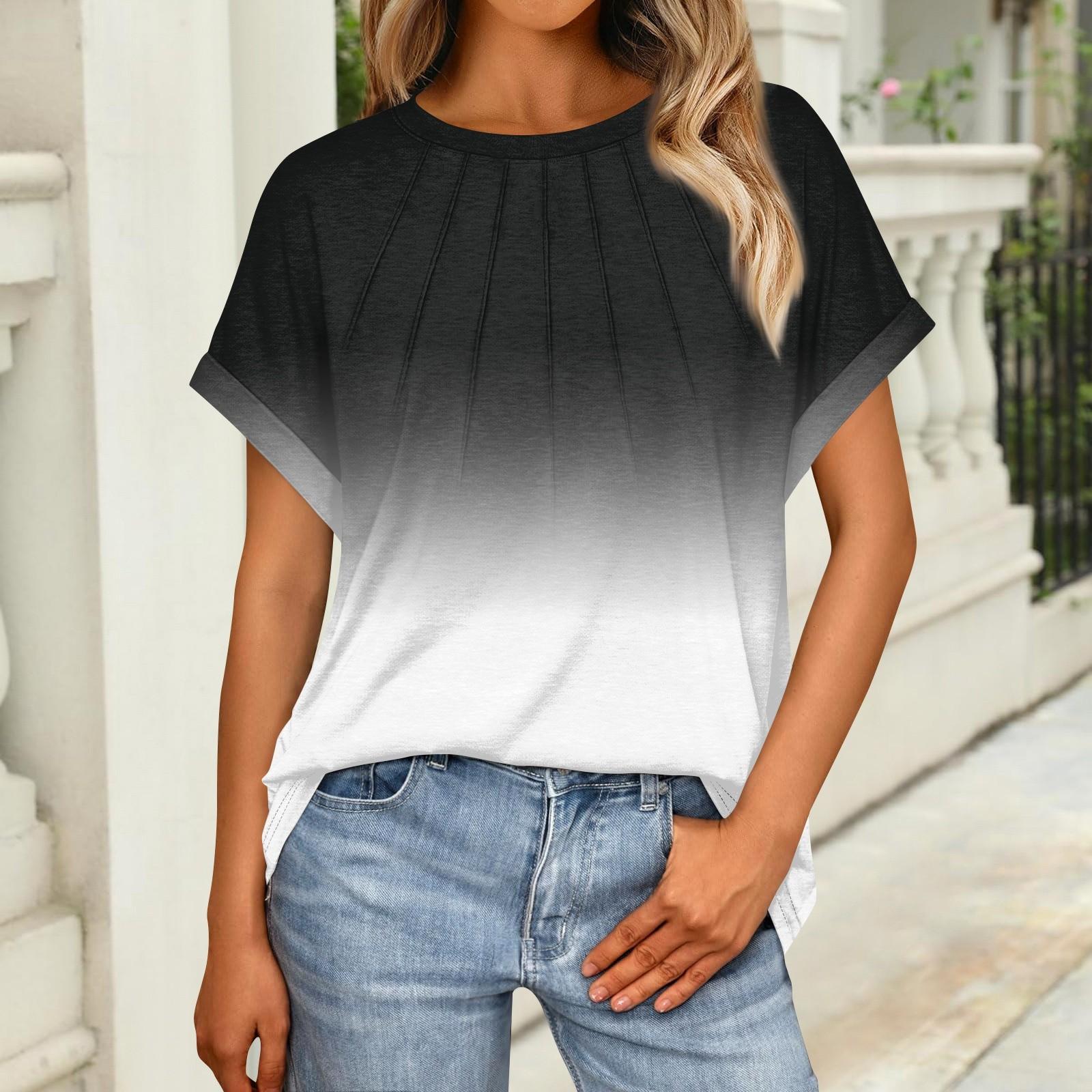 

Женская мода, свободная повседневная летняя футболка, плиссированный топ с короткими рукавами и градиентом XXL чёрный