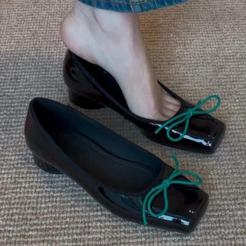 Patent Leather Fashion Mary Jane Shoes Women Pumps Shallow Women Shoes Bow Low Heel Elegant High Heels Female Zapatos De Mujer