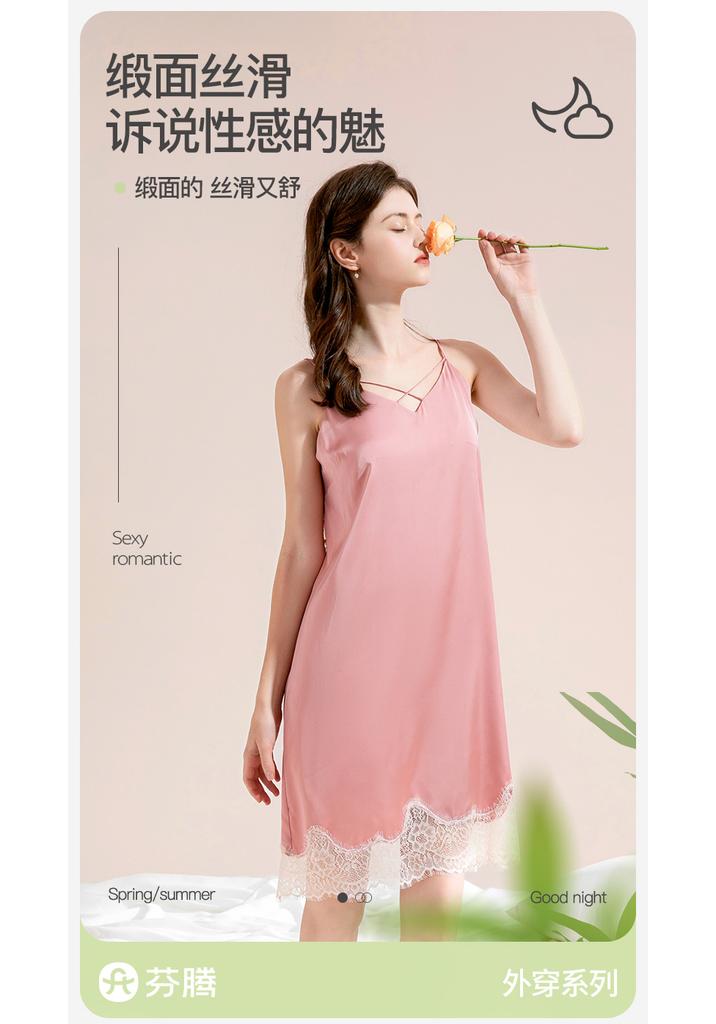 Fenteng [satin imitation silk] high-end suspender nightgown, light luxury dress, lace low neck sleepwear, women's sexy short skirt