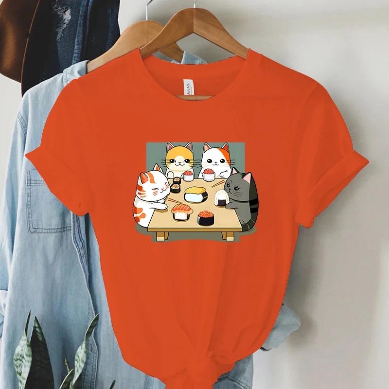 Cat Party Kawaii T Shirt Women Summer Tops Sushi Graphic T Shirts Casual Fashion Tee Shirt Trendy Korean Streetwear Y2k Tees