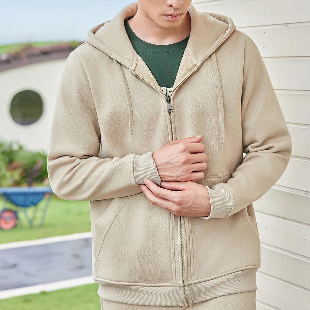 Men's Casual Solid Color Fleece Lined Hooded Sweatshirt - Warm, Versatile Loose Fit with Drawstring and Zipper.