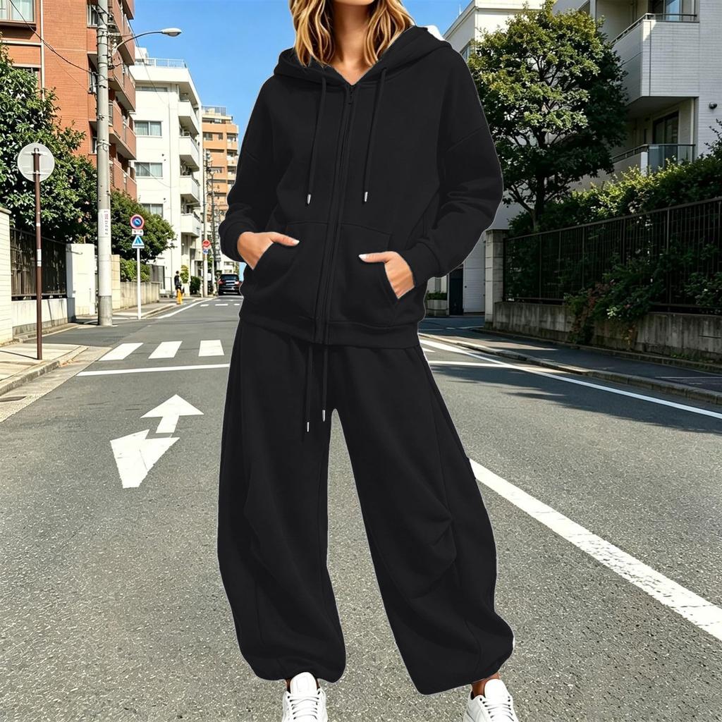 Unisex Lockere Passform Reißverschluss Hoodie mit und Weiter Bein Jogginghose 2-teiliges Trainingsanzug Set Farbe Sportbekleidung