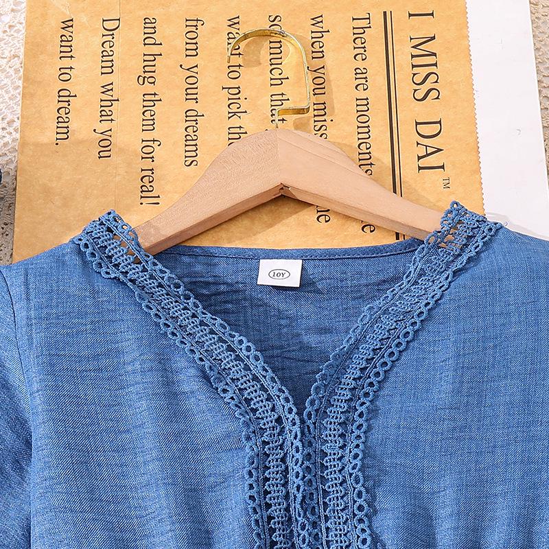 Girls' Lace Trim V-neck Waist-Cinching Long-sleeved Dress for Autumn