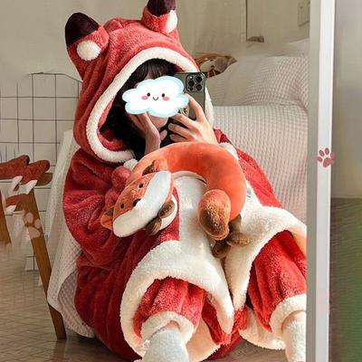 Cartoon Animal Pajamas Women's Winter Coral Fleece Thickened One-Piece Plush Cute Long Hooded Robe+ Pants Two Piece Set Home Wear