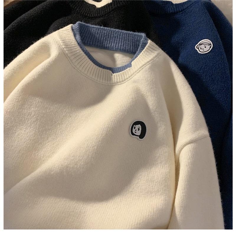 Men's Fake Two Piece Knit Sweater Crew Neck Casual Embroidered Pullover