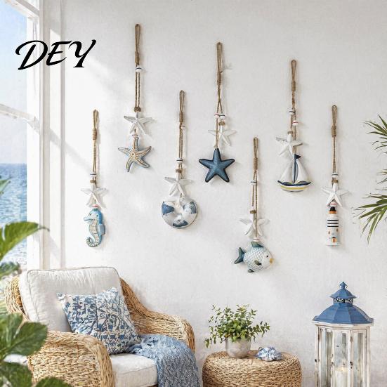 Wooden Ocean Hanging Ornament Starfish Decoration, Nautical Coastal Wall Ornament, Seaside Inspired Decor Theme Art for Home Beach Lake House