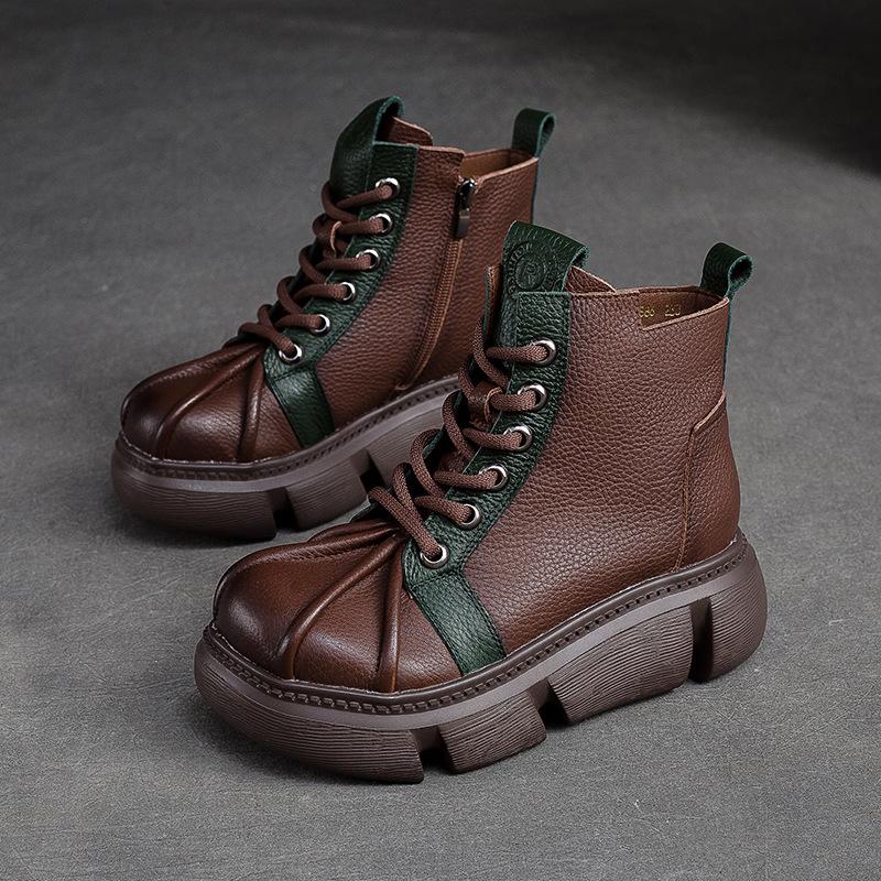 Johnature 2023 Autumn Winter New Retro Short Boots Women Genuine Leather Mixed Colors Thick Soled Versatile Platform Shoes