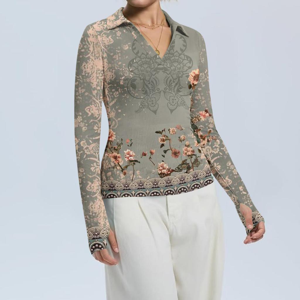 Damenmode Lässig Bedruckt V-Ausschnitt Langarm Knopfleiste Oberteil