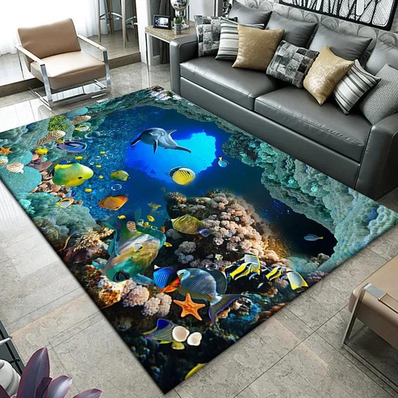 3D Beach Sea Waves Pattern Carpet Door Floor Mat Fish Doormat Non-slip Floor Mat Living Room Rug Home Room Bedroom Decoration