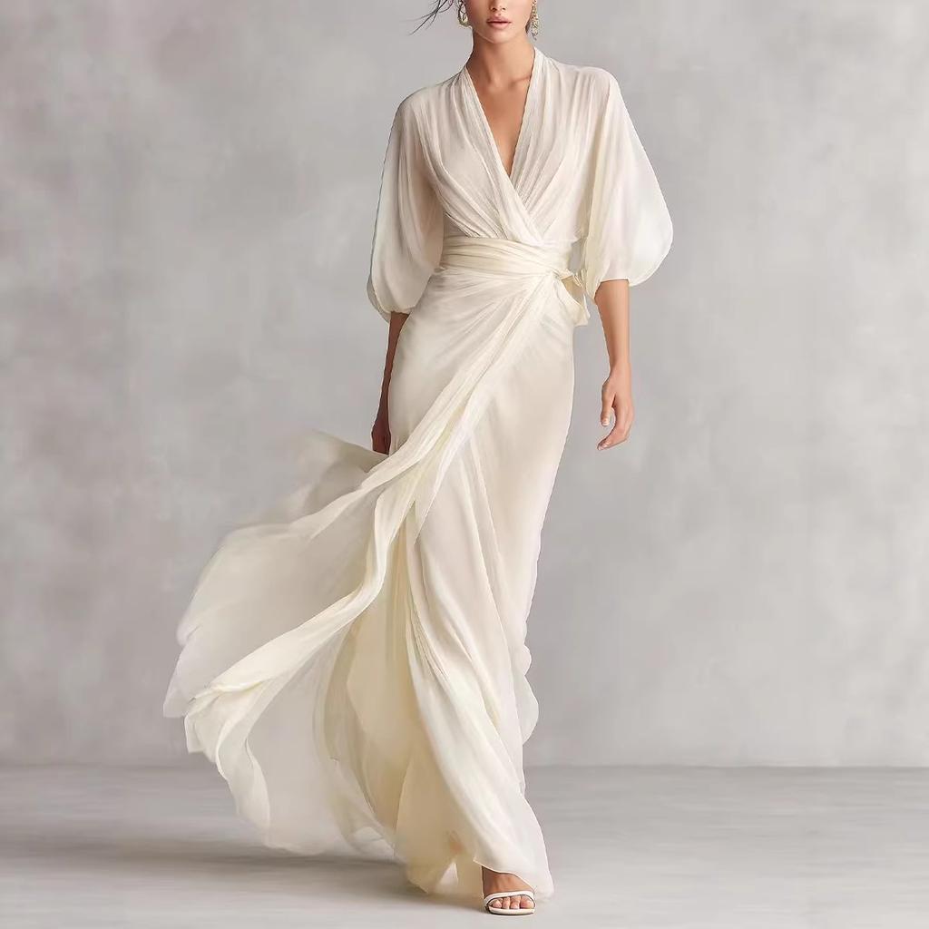 Neues europäisches und amerikanisches Promi-Maxikleid mit tiefem V-Ausschnitt, schulterfreiem Laternenärmel und Taillierung