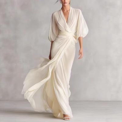 Neues europäisches und amerikanisches Promi-Maxikleid mit tiefem V-Ausschnitt, schulterfreiem Laternenärmel und Taillierung