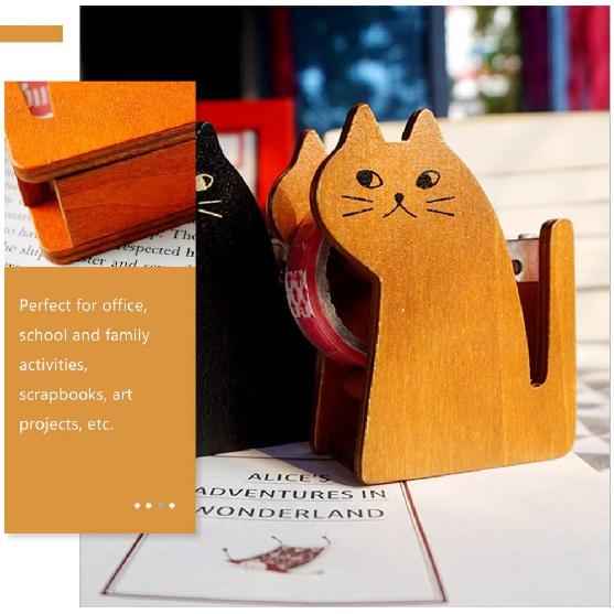 Adorable Cat Shaped Tape Dispenser, Retro Wooden Tape Cutter, Brown, 3.42x2.36x1.18 Inch, Perfect for Desk, Office, Home, Gift Wrapping, Kids, and