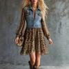 Women Long Sleeve Patchwork Denim Leopard Print Dress Casual High Waist Lantern Sleeve A Line Mini Dress