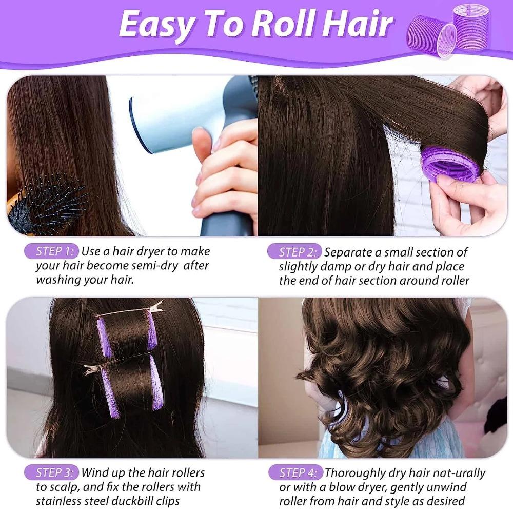Giant curling wand roller set, 24 pieces, including 12 self-grip curling wands and 12 stainless steel duckbill clips (rose red)