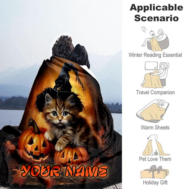 1PC Custom Name Halloween Kitten Pumpkin Flannel Blanket Versatile,all-season Throw Suitable for the Living Room,bedroom,camping,travel,and Gift