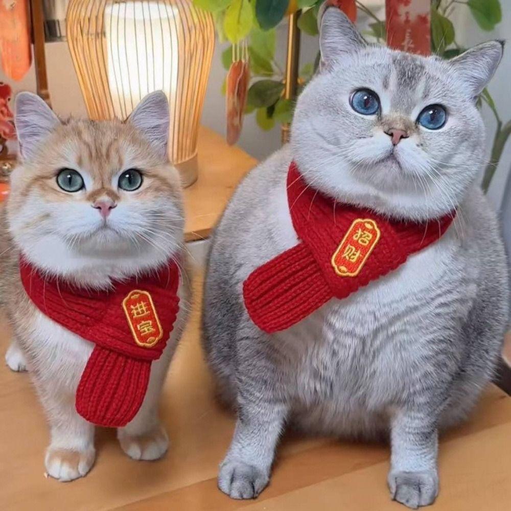 Festive Warm Cat Knitted Scarf Cute Blessing New Year Dog Scarf Red Color Pet Neck Scarf for Cats and Dogs