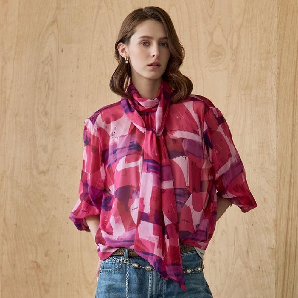 Maxza Brush Touch Pattern High Neck Tie Chiffon Blouse Ze05qb003nh Pink/FREE