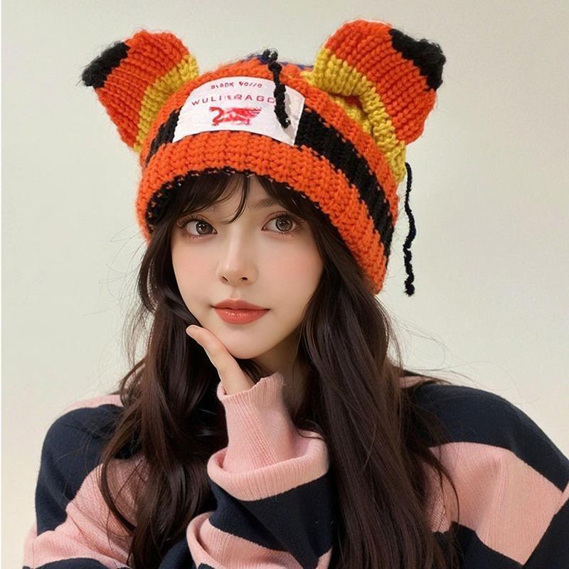 1PC Cute Keep Warm Knitted Hat Festival Spliced Colors Fashionable Pig Ears Thickened Gathering Take Photos New Style