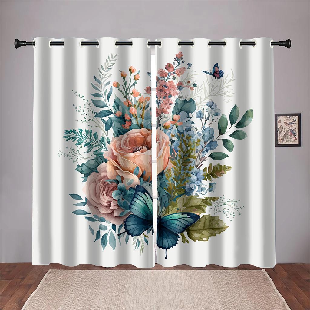 

Красивые шторы с рисунком бабочек и роз, зеленые листья, 2 панели, современные, в пасторальном стиле, для гостиной, спальни, балкона, декор 50W130H(CM)X2PCS&HooK