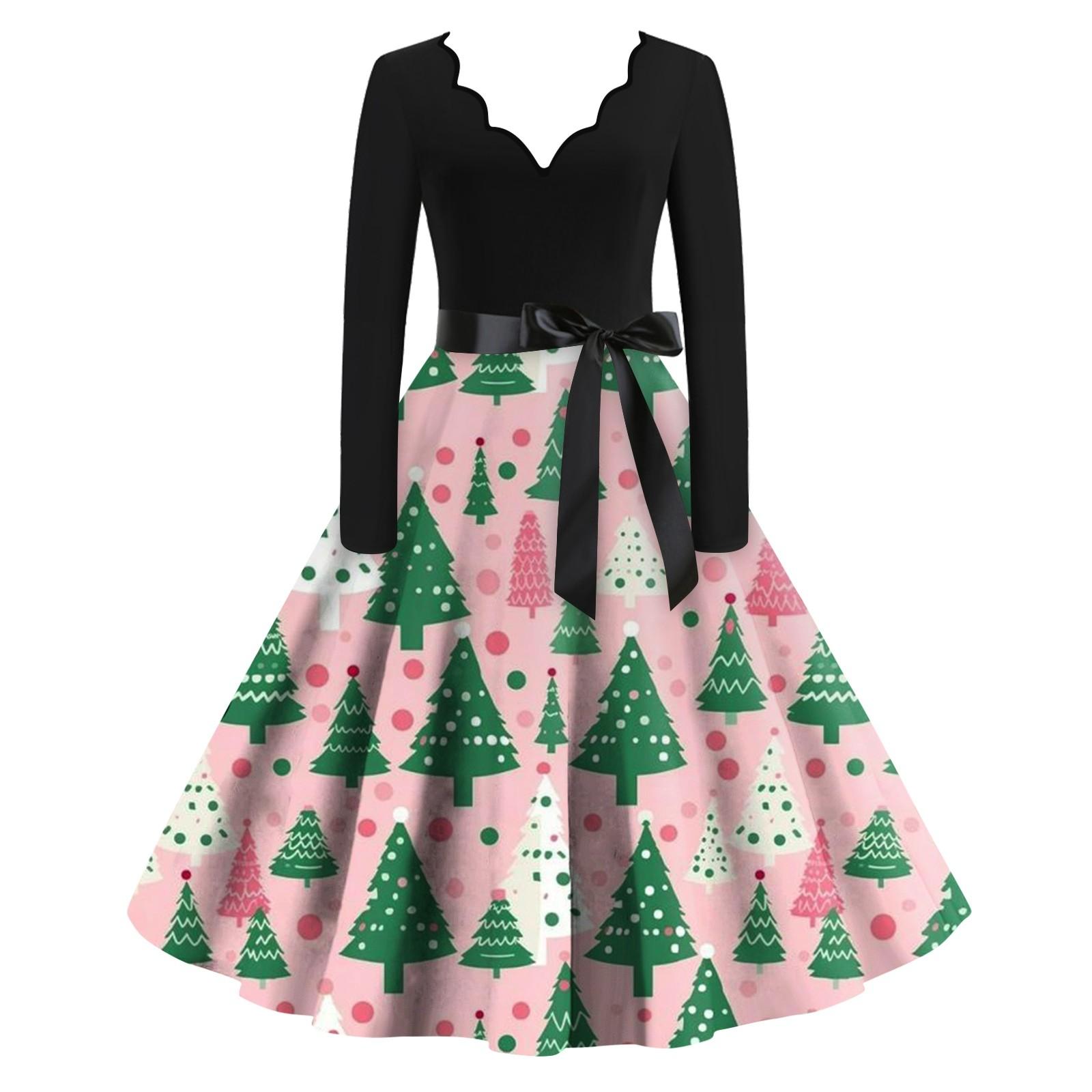 

Женское повседневное модное платье с V-образным вырезом и длинными рукавами в стиле ретро с рождественским принтом в стиле ретро, осень L розовый