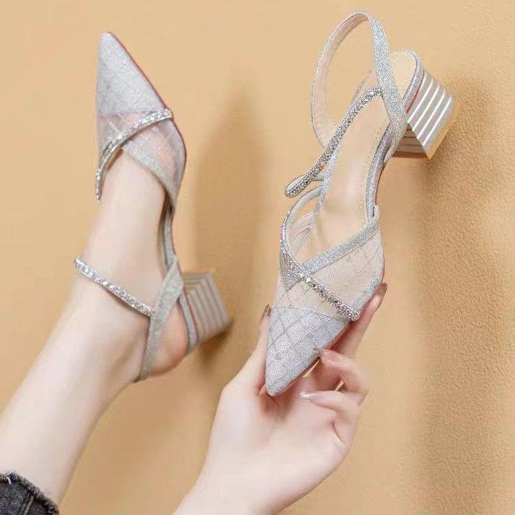 Rhinestones Pointed Toe Ladies Shoes Mesh With Medium Heels Women's Closed Sandals Comfortable and Elegant Summer Sale 2025 Shoe