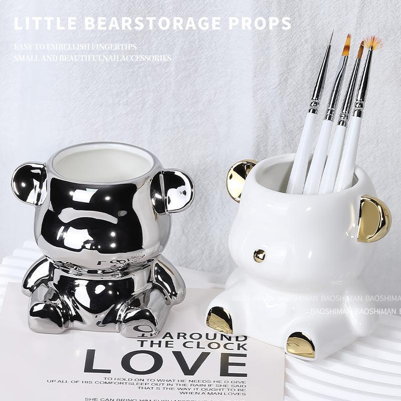 Trendy Bear Pen & Brush Holder with Sandpaper Storage for Manicure Tools – Desktop Organizer & Photo Prop