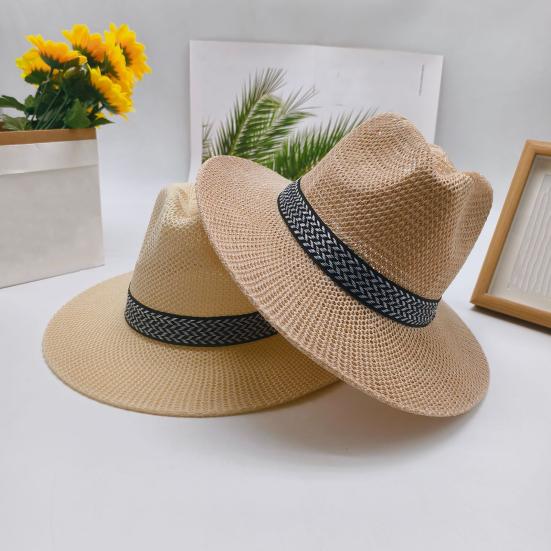 Men Summer Fisherman Hat Hollow Straw Weaving Full Face Sun Protection Wide Brim Western Cowboy Hat with Black Ribbon Decor Foldable Beach Hat