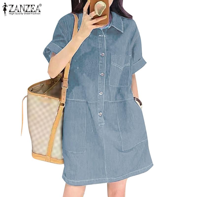 ZANZEA Women Korean Casual Shirt Collar Fashion Pockets Short-Sleeved Shirt Dress