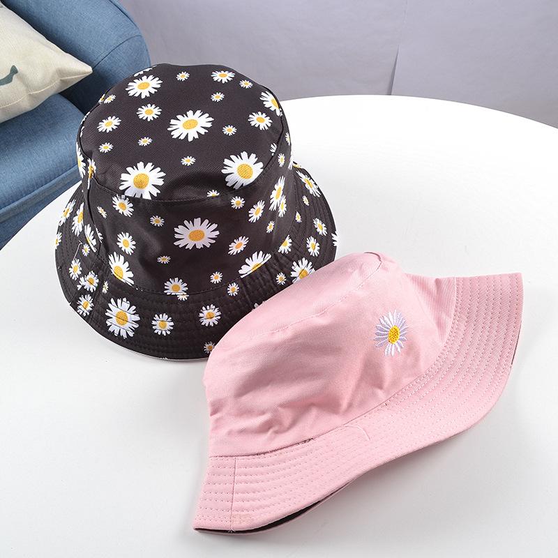Summer Daisy Double-Sided  Bucket Hats Women's Embroidery Hip Hop Panama Bob Caps Folded Beach Sun Fisherman Hat For Ladies