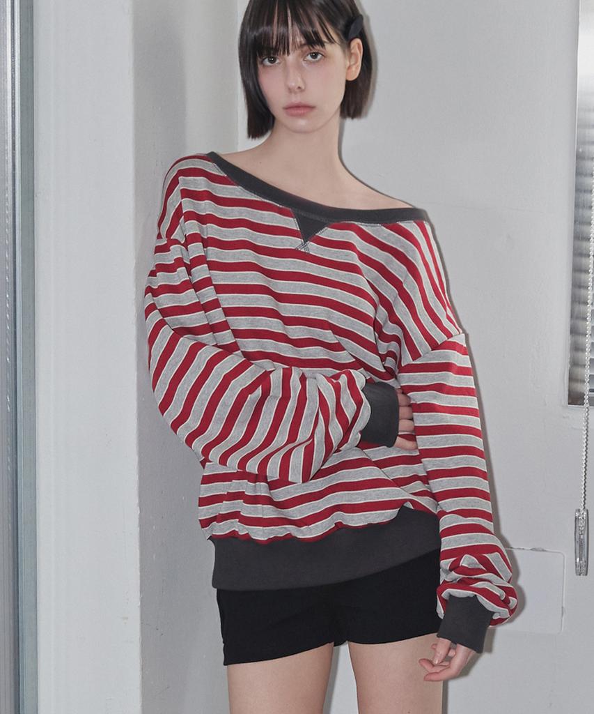 Lense Striped Off-Shoulder Sweatshirt Red