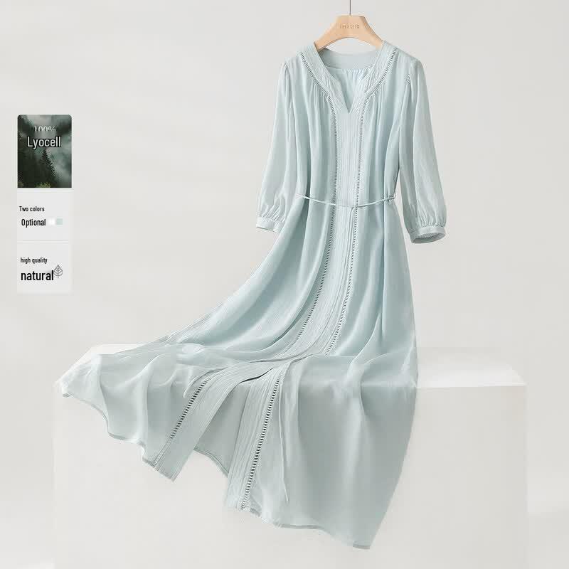 IHIMI Women s Lyocell V-Neck A-Line Midi Dress L синий