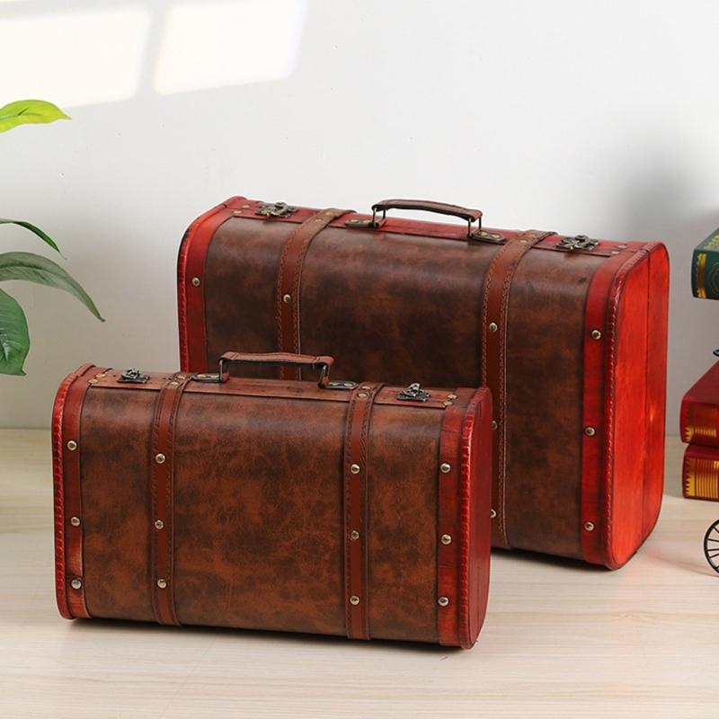 Wooden Trunk Faux Leather Handle Carrying Case Portable Storage Container For Jewelry Cosmetics And Collectibles