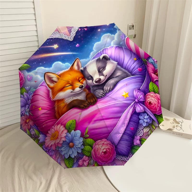 

1PC Fox Raccoon Umbrella-8-Rib Reinforced, Automatic Open, Lightweight & Durable, Fashion Accessory for Outdoor, J0386