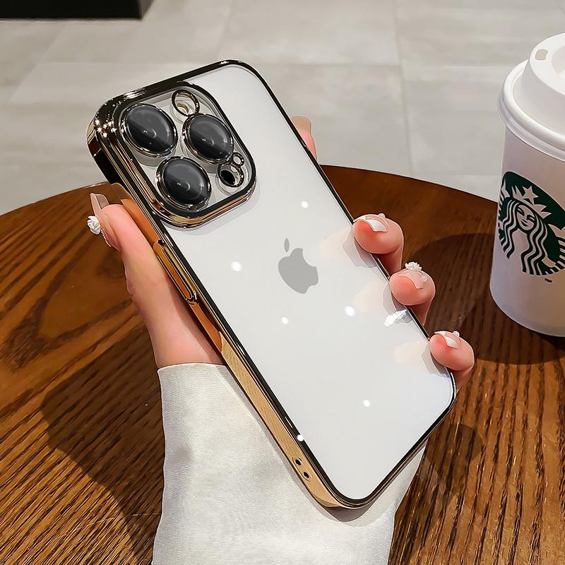 Luxury Plating Clear Case For iPhone 15 13 12 11 14 Pro Max Mini X XR XS 7 8 14 15 Plus SE Cover With Lens Protector Accessories