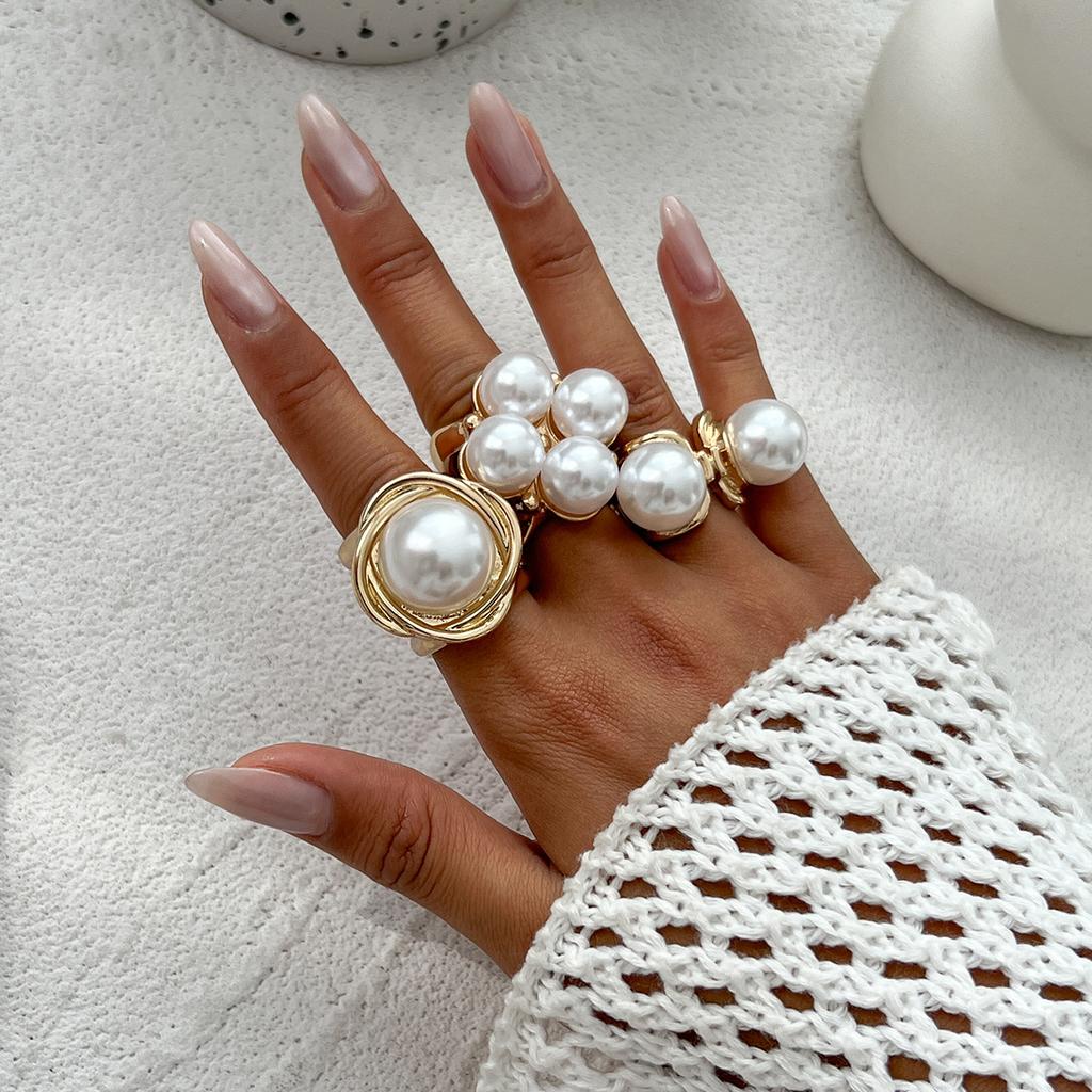 Baroque Metal Ring Set INS Style Imitation Pearl Hollow Joint Ring