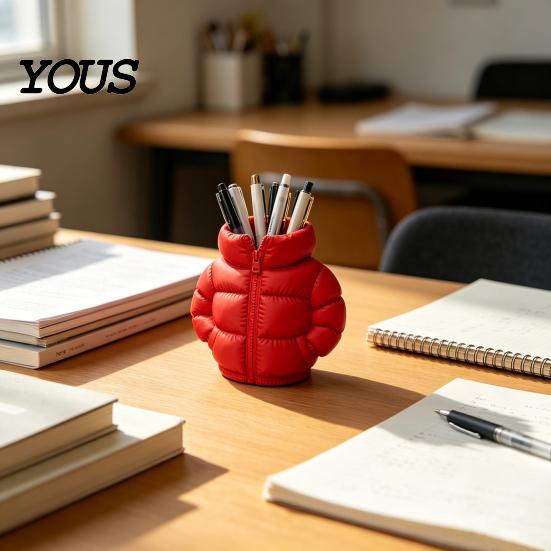 Creative Desktop Decoration Rainbow Down Coat Pen Holder, 3D Printed Puffer Jacket Colorful Gradient Stand Desk Organizer, Storage for Stationery And