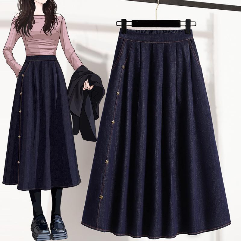 

Autumn Plus Size Elastic Waist Denim Midi Skirt - Slimming and Fashionable XL темно-синього кольору